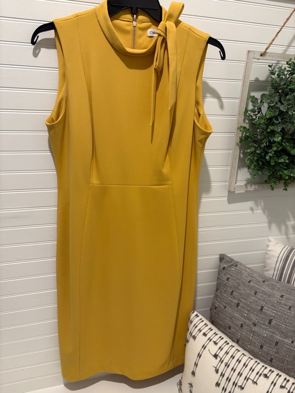Calvin Klein Sleeveless Tie-Neck Midi Dress in Mustard